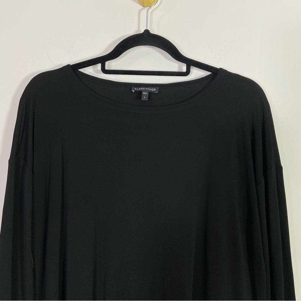 Eileen Fisher Black Silk Long Sleeve Scoop Neck Sheer Panel Top - Picture 2 of 8